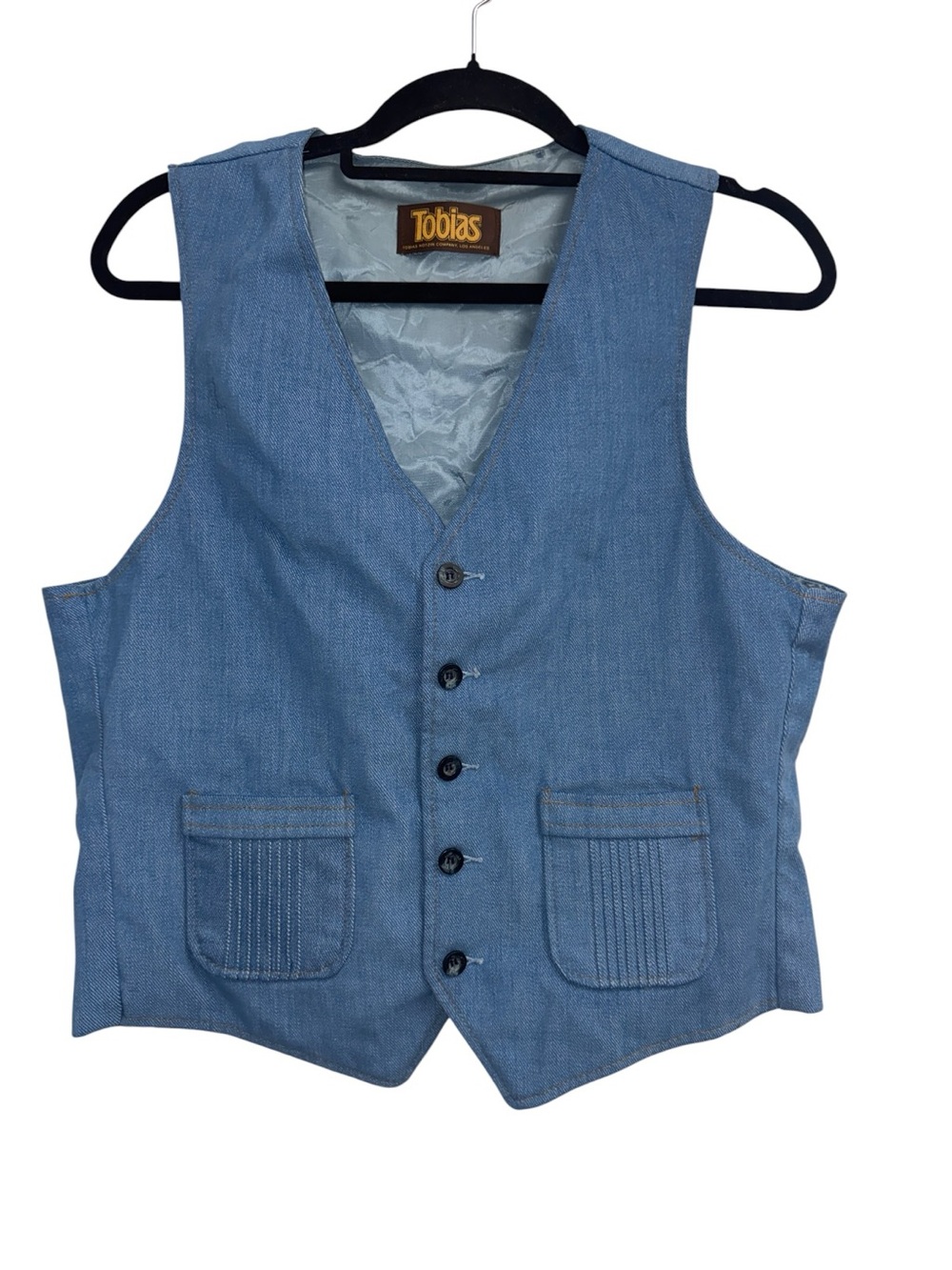 Vintage 1970s Tobias Denim Vest Hippie Western Satin Lined Tagged Size 40 U